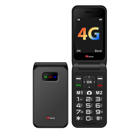 Black flip phone with 4G connectivity on a white background