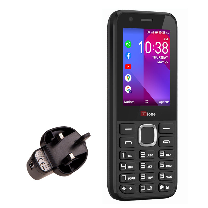 TTfone TT240 Simple Easy to use Whatsapp Mobile Phone with Mains Charger and Smarty Pay As You Go Sim Card