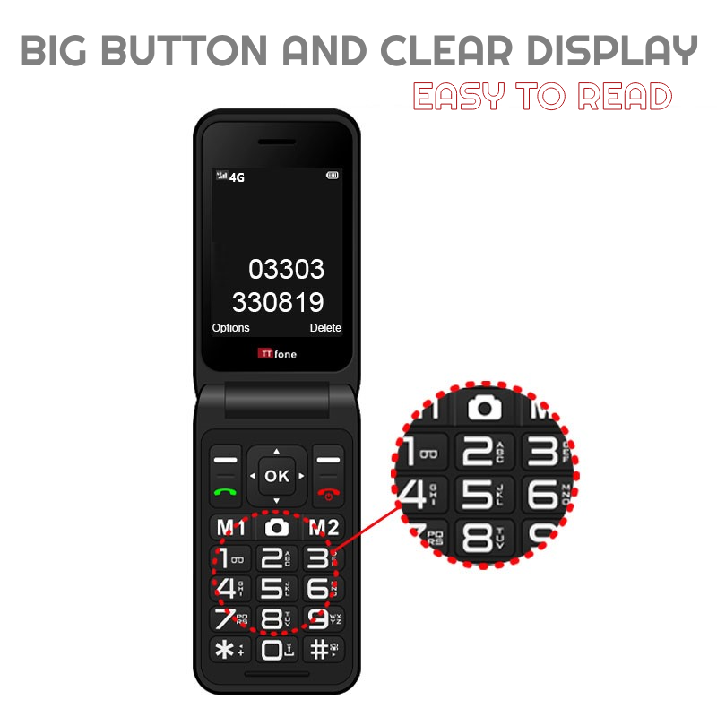 TTfone Black TT760 Flip 4G Mobile with USB C Cable