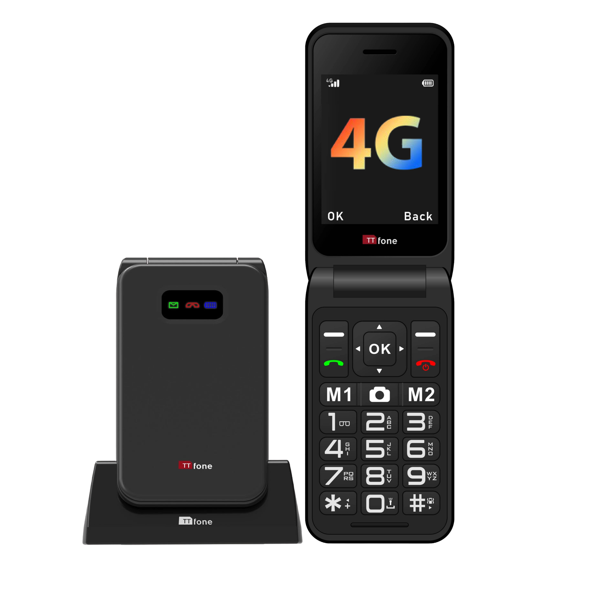 Black flip phone with 4G connectivity on a white background in a cradle dock