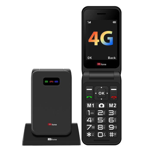 Black flip phone with 4G connectivity on a white background in a cradle dock