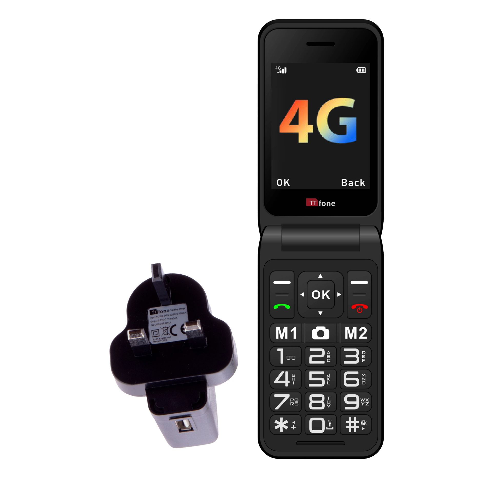 Flip phone with 4G indicator and charger on a white background and UK mains head charger