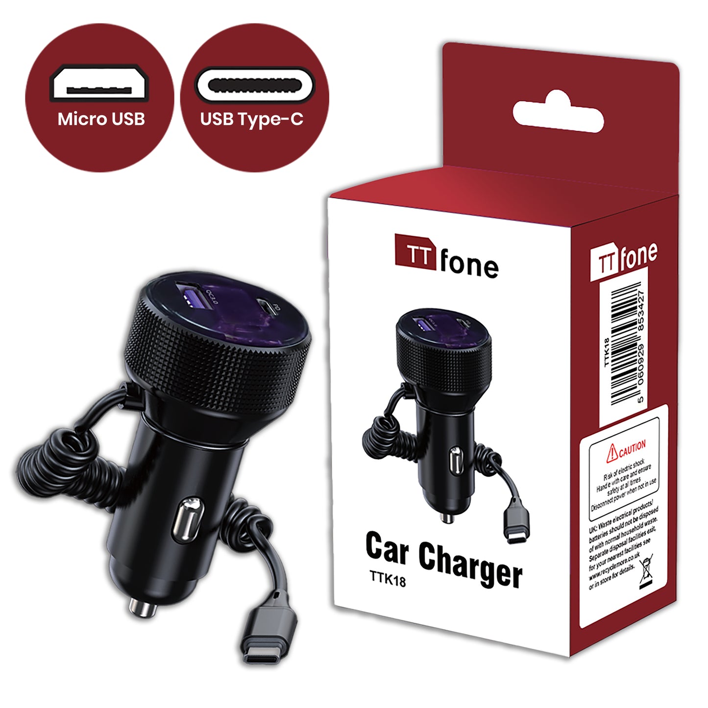 Original TTK18 Car Charger 12V with MicroUSB & Type-C Cable