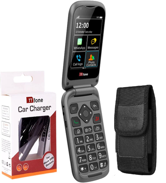 Bundle offer for TTfone TT970 4G WhatsApp Flip Big Button Senior Mobile with Nylon Holster Case (TTCB9) and Car Charger (TTCC), Vodafone Pay As You Go