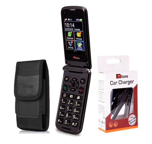 Bundle offer for TTfone Titan TT950 Touchscreen WhatsApp Flip Senior Mobile with Nylon Holster Case (TTCB9) and Car Charger (TTCC), O2 Bundle Pay As You Go